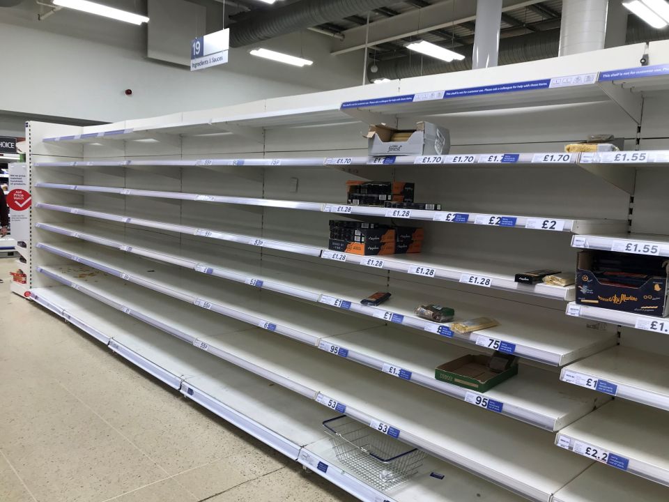  Empty pasta shelves at a Tesco Extra in Worthing, West Sussex