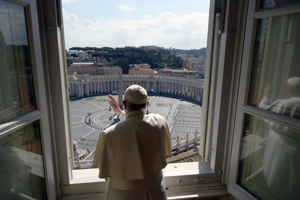  Pope Francis delivered his noon address from inside the Apostolic Library at the Vatican to an empty St Peter's Square