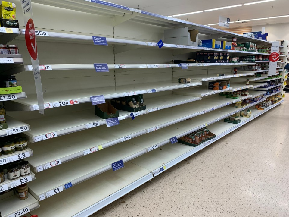 Shelves were left bare as shoppers rushed to buy ‘essentials’, including pasta and toilet roll