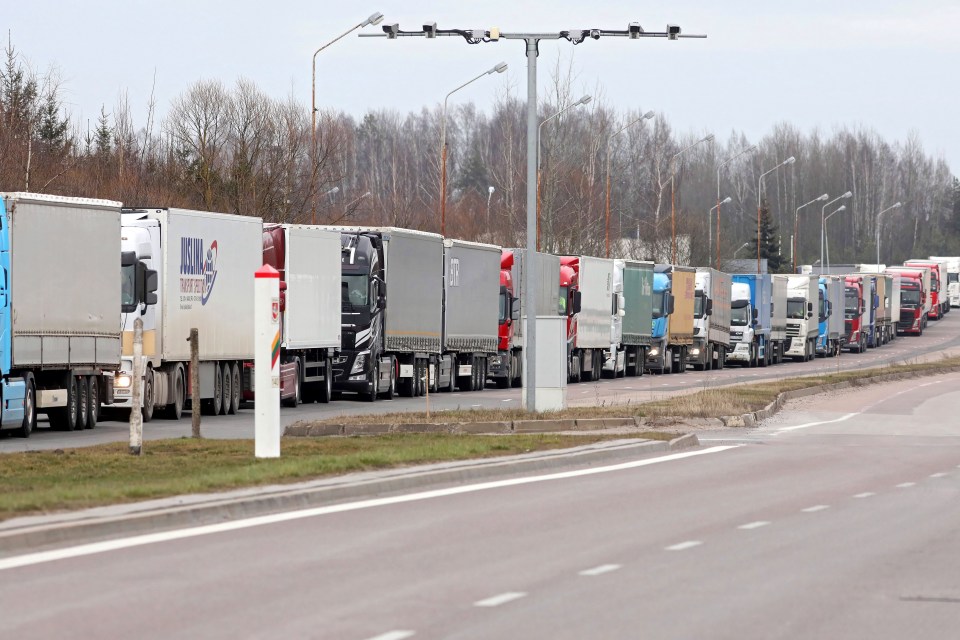  Vehicles line up during a sanitary control on the Polish-Lithuanian border in Budzisko