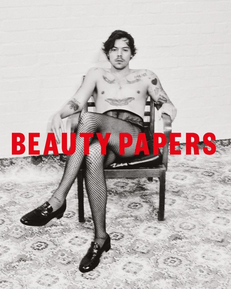  Harry Styles wore fishnets and heeled loafers while posing for Beauty Papers