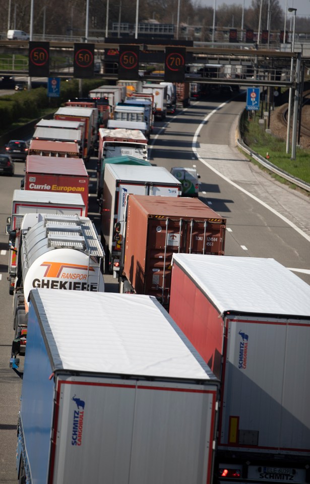  Trucks sit in a traffic jam near the Antwerp Port in Antwerp, Belgium