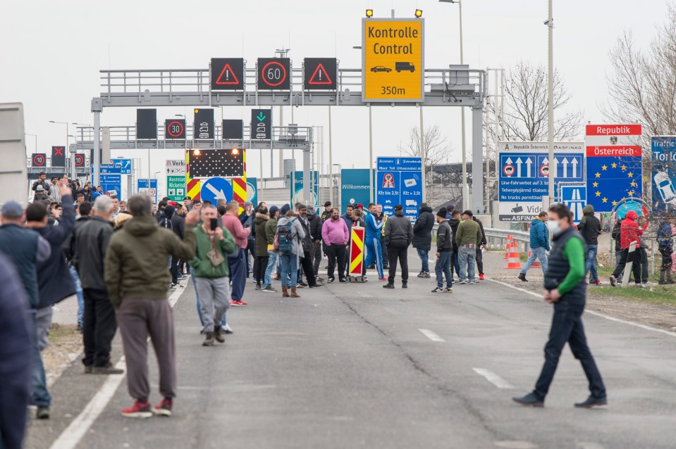  Foreign motorists protest at the Austrian border with Hungary