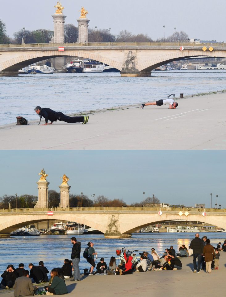  People on the banks of the River Seine in Paris before and after France's total lockdown