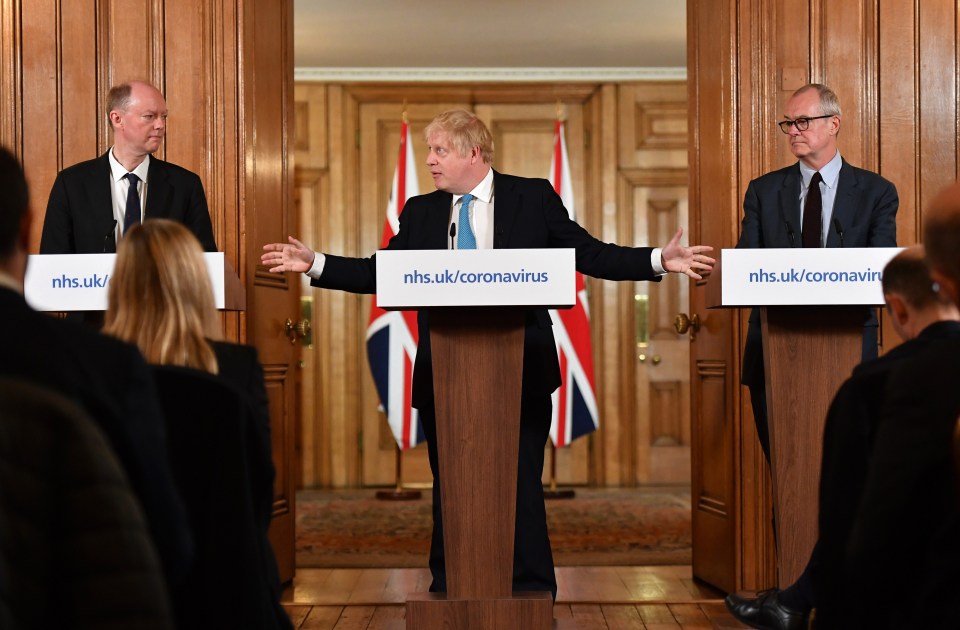 Chief Medical Officer Professor Chris Whitty with Chief Scientific Adviser Patrick Vallance and Prime Minister Boris Johnson at the daily press briefing at Number 10