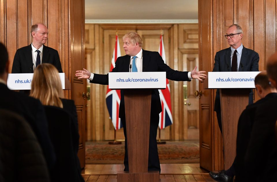  Chief Medical Officer Professor Chris Whitty with Chief Scientific Adviser Patrick Vallance and Prime Minister Boris Johnson at the daily press briefing at Number 10