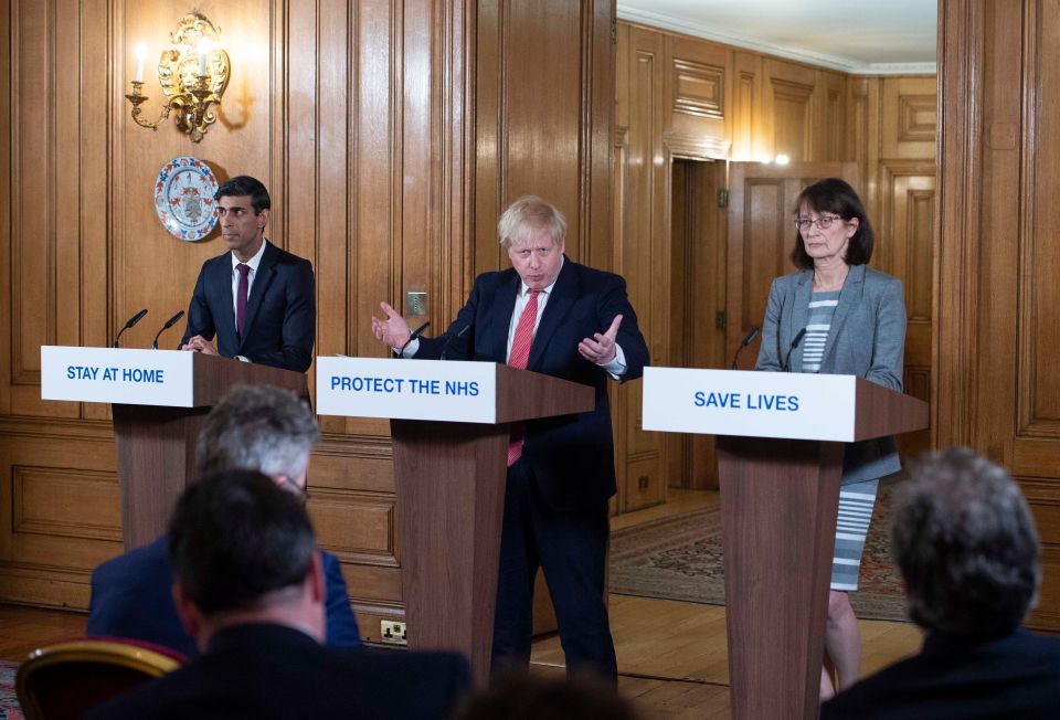  Dr Jenny Harries, right, appears with Chancellor Rishi Sunak and Prime Minister Boris Johnson at a coronavirus briefing.