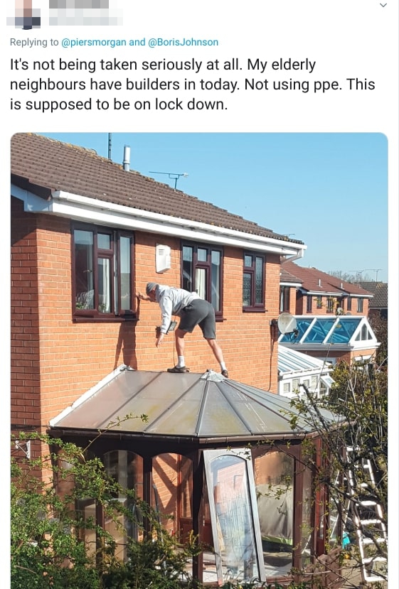  A man from Rugby, Warks, posted a picture of a builder working on his neighbour's home earlier this week