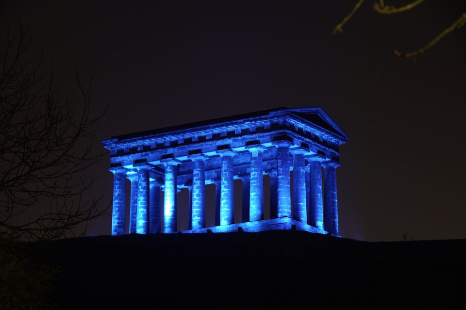 Penshaw Monument in Sunderland is lit up