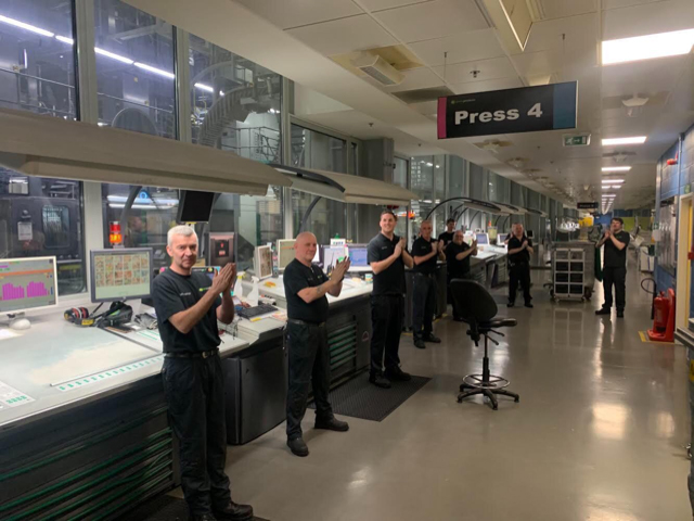 News UK staff clap at Broxbourne printers