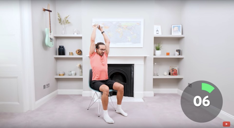 His second video is a chair-based workout and includes light squatting