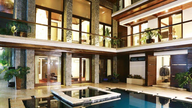 Many rooms overlook the pool