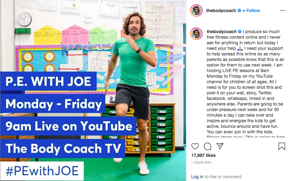 Joe Wicks has announced he will be running live online PE lessons for the UK’s school kids next week