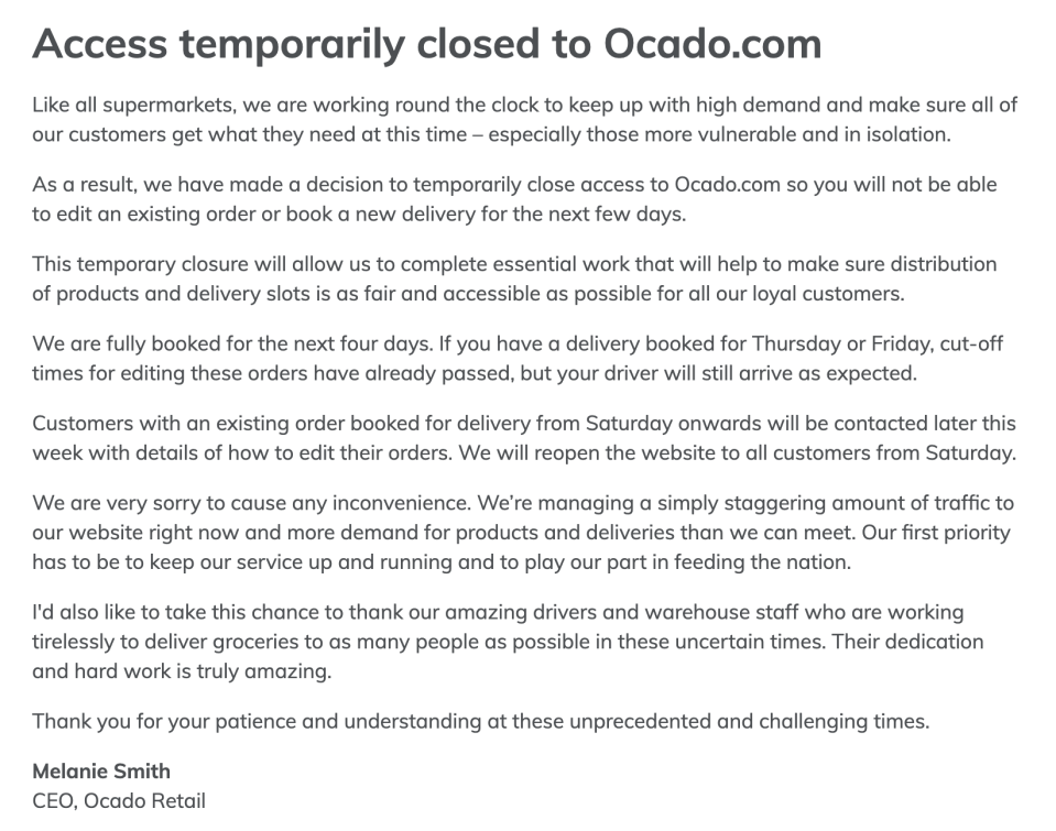  Ocado has also now pulled its website until Saturday