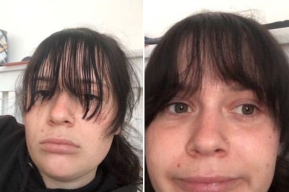 Lara, 22, in what was undoubtedly an attempt to make the hair more workable by wetting it, she’s inadvertently cut a massive triangle in her fringe.