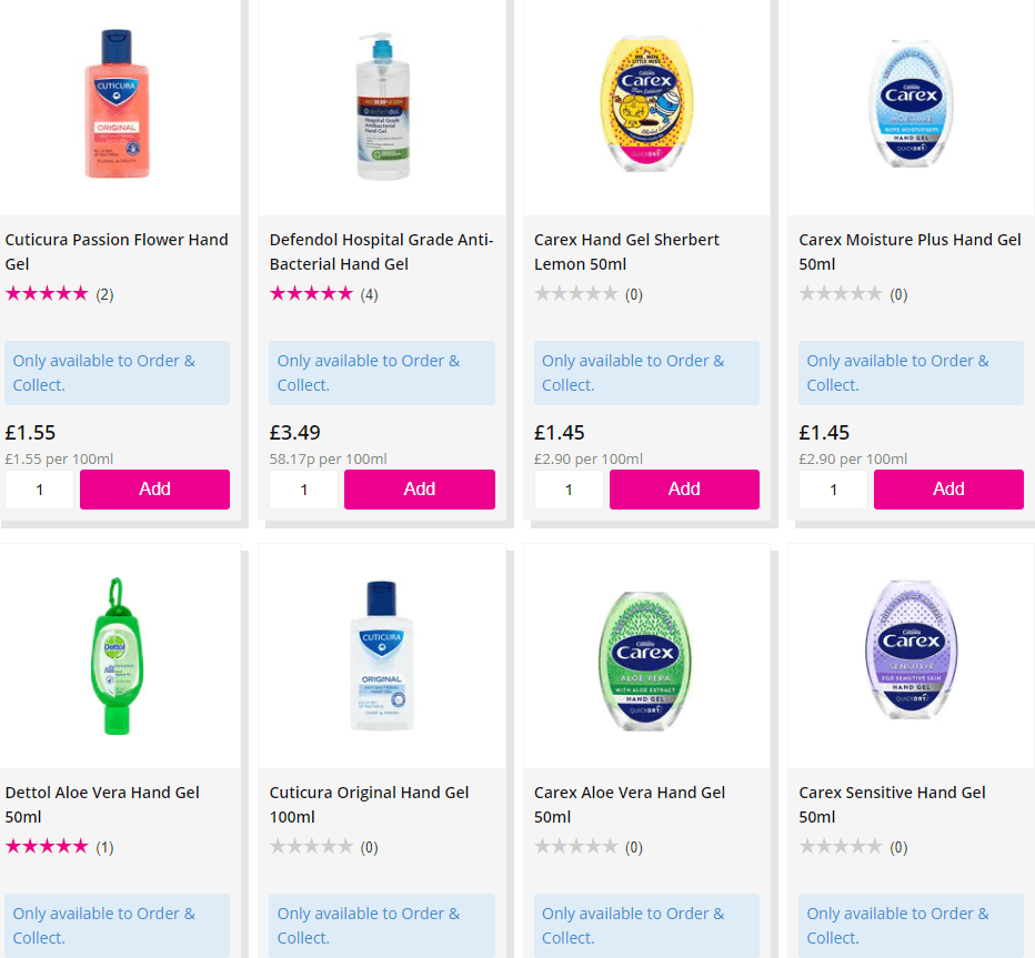  Most hand sanitiser products on the Superdrug website are only available as a click and collect order