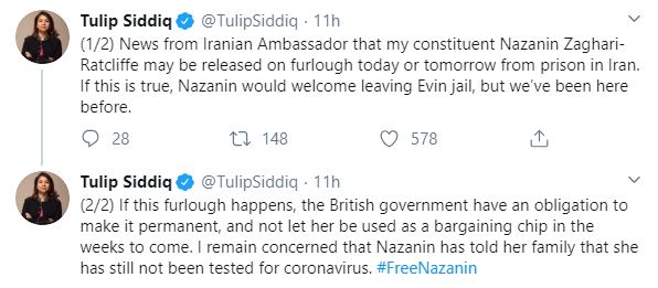  Tulip Siddiq MP tweeted that she believes Nazanin could be released in the next 48 hours