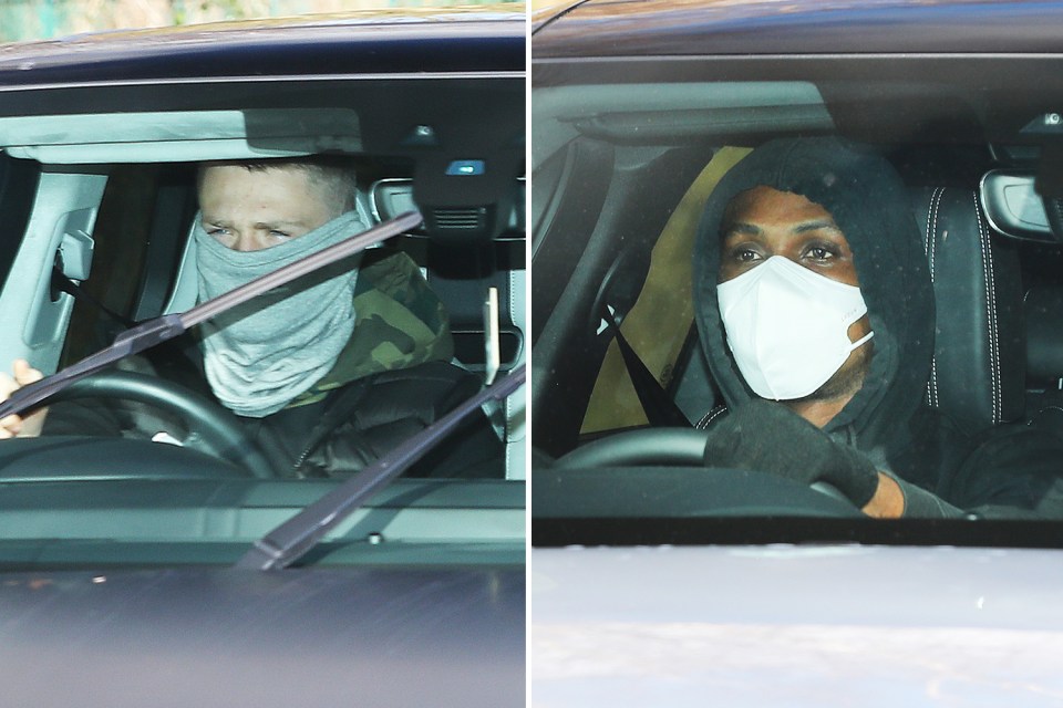  Scott McTominay, left, wore a snood pulled over his face to training, while Odion Ighalo wore gloves and a mask