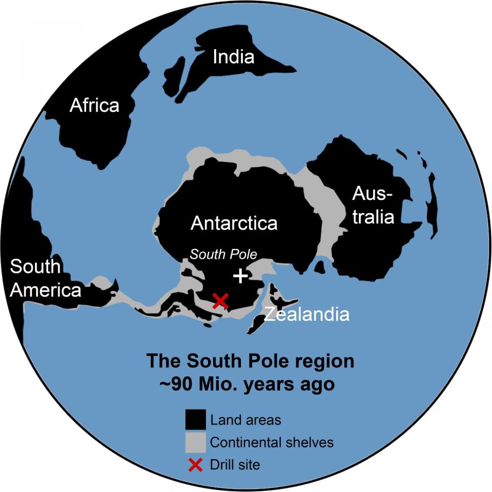  This map shows the location of the drill site, and how the continents were arranged 90million years ago