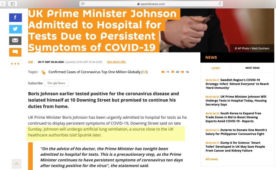  Sputnik News website also claimed the PM was on a ventilator