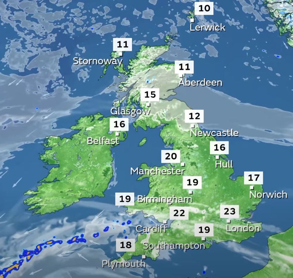  London and Cardiff will enjoy the hottest weather at 23C and 22C