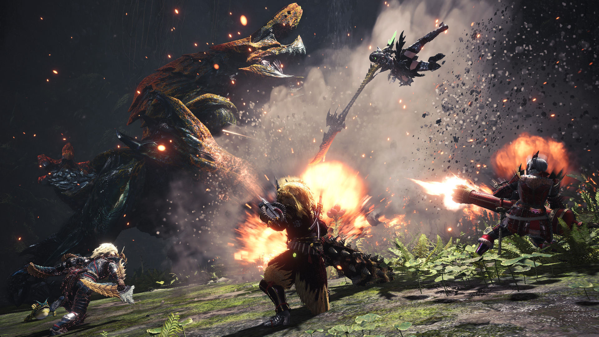 a group of monster hunters are fighting a monster in a video game