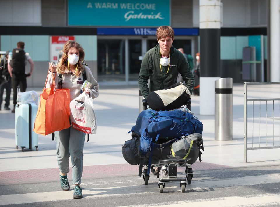  Passengers that travelled on a repatriation flight from Peru arrive at Gatwick Airport in March