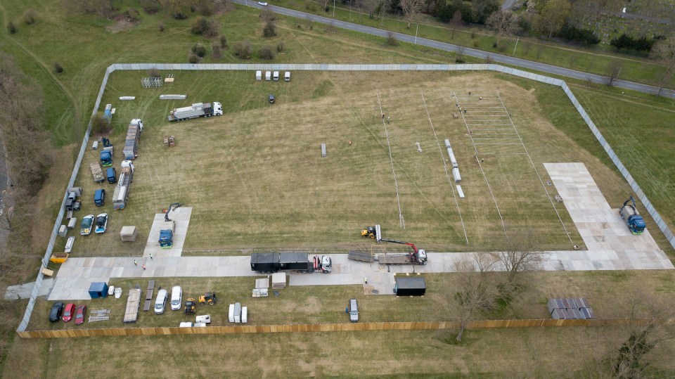  An aerial view of the makeshift morgue being built in North East London today