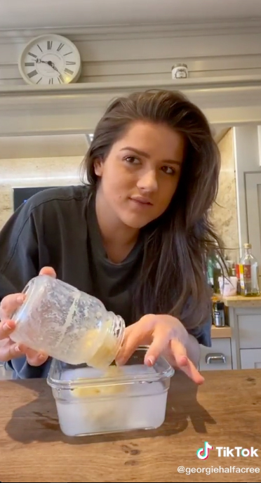  She then explain to separate the liquid from the new formed butter