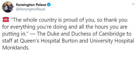  The Duke and Duchess of Cambridge sent a message to hospital workers