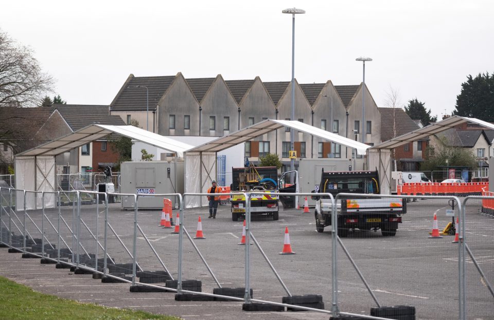  A drive through centre at Cardiff City stadium being set up