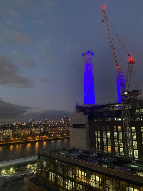  Battersea Power Station in London is lit up blue