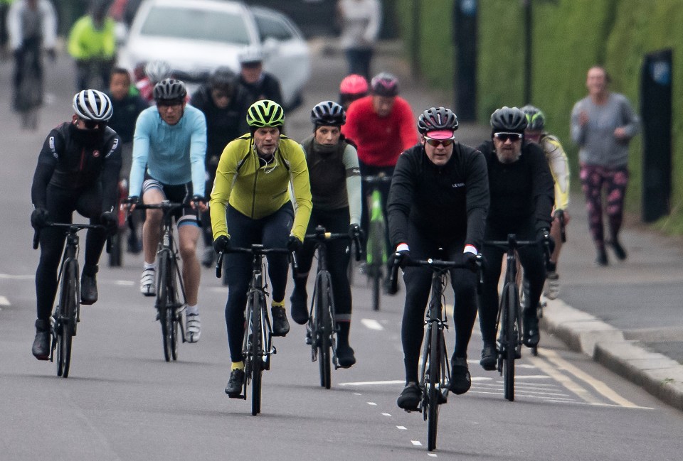  Cyclists huddled together in Regents Park yesterday