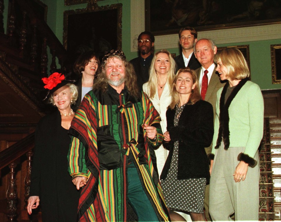  ord Bath (centre left) with (left to right) Honor Blackman, Vivienne Creegor, Culver, Trude Mostue, Suzanne Dando, Chris Packham, Lord Montagu and Anna Walker during the 50th anniversary celebrations at Longleat House in Wiltshire