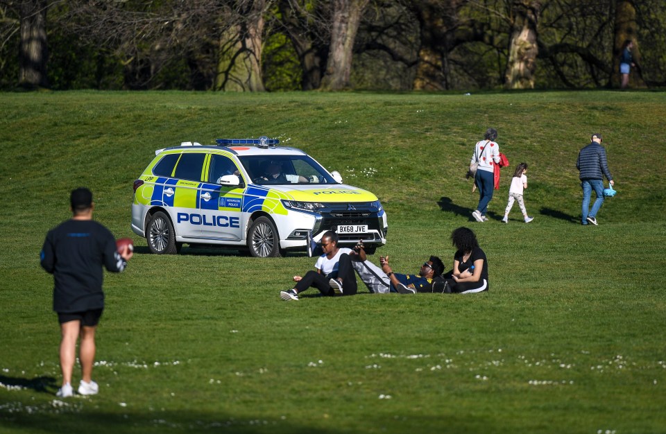 A police car is seen patrolling picnickers at Greenwich Park, London