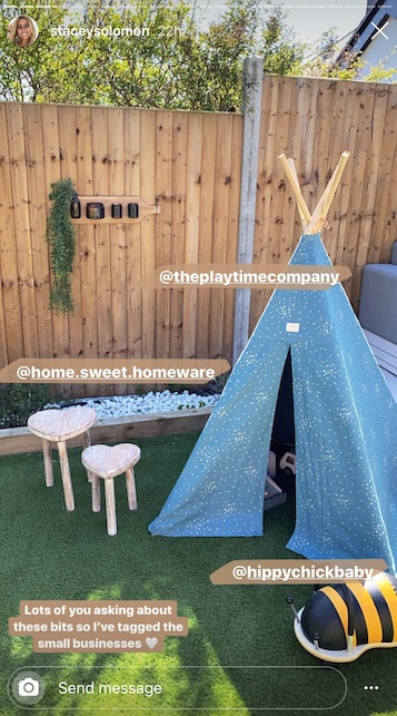  The kids' teepee, her home-made bird feeder and bath plus cute outside stools