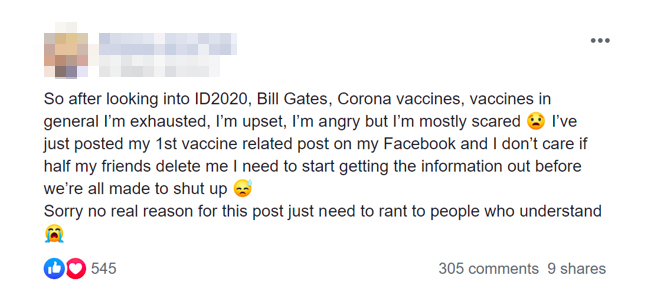  A post from one mum who was 'exhausted and scared' by the Bill Gates theory