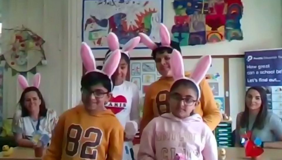  Some of the youngsters donned Easter bunny ears during the video call