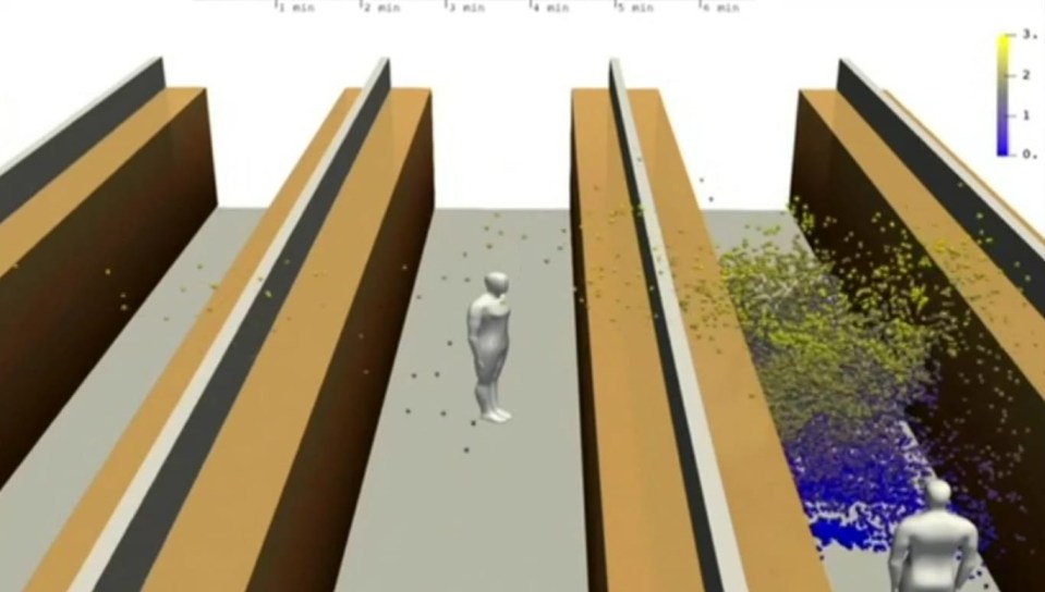  The simulation shows how immediately after someone coughs (right), coronavirus particles are spread across a supermarket aisle and go airborne. The blue particles show those at lower heights, the yellow ones are higher up