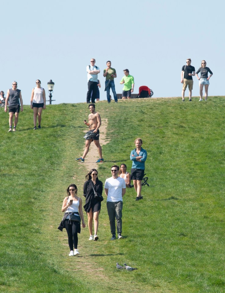  Members of the public ignored government social distancing rules to sunbathe and have picnics on Primrose Hill in north London