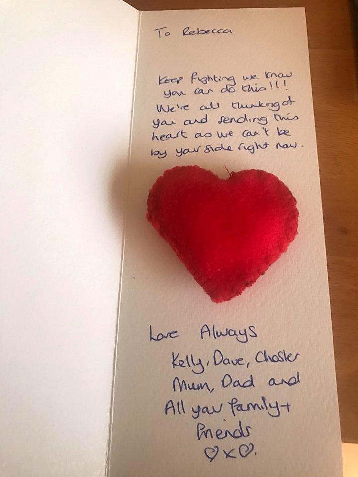  A card sent to Becky Usher as she undergoes intensive care treatment at Pinderfields Hospital in Wakefield