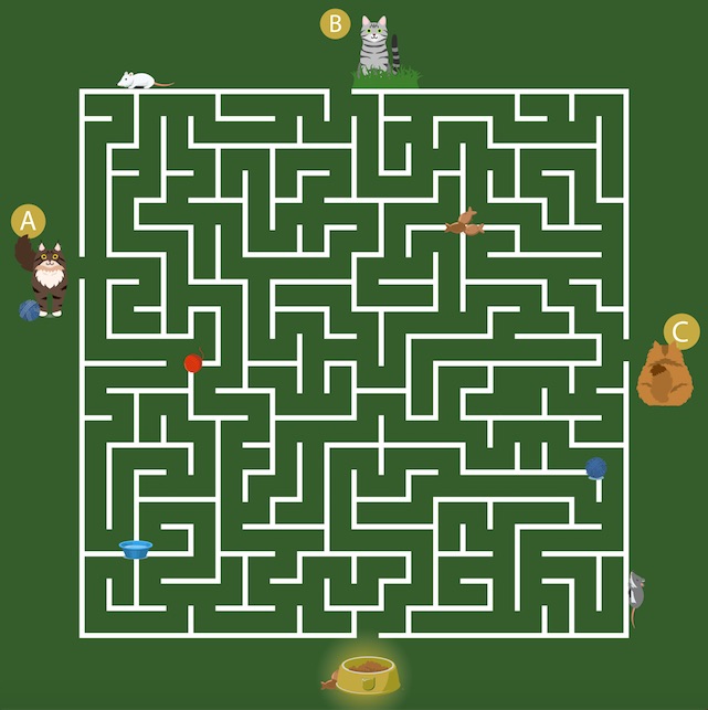 Can you work out which of the cats reaches the food bowl through the maze?