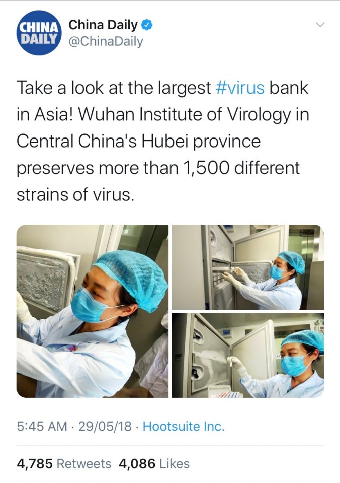  This tweet was sent out in 2018 showing a store where 1,5000 virus samples are kept