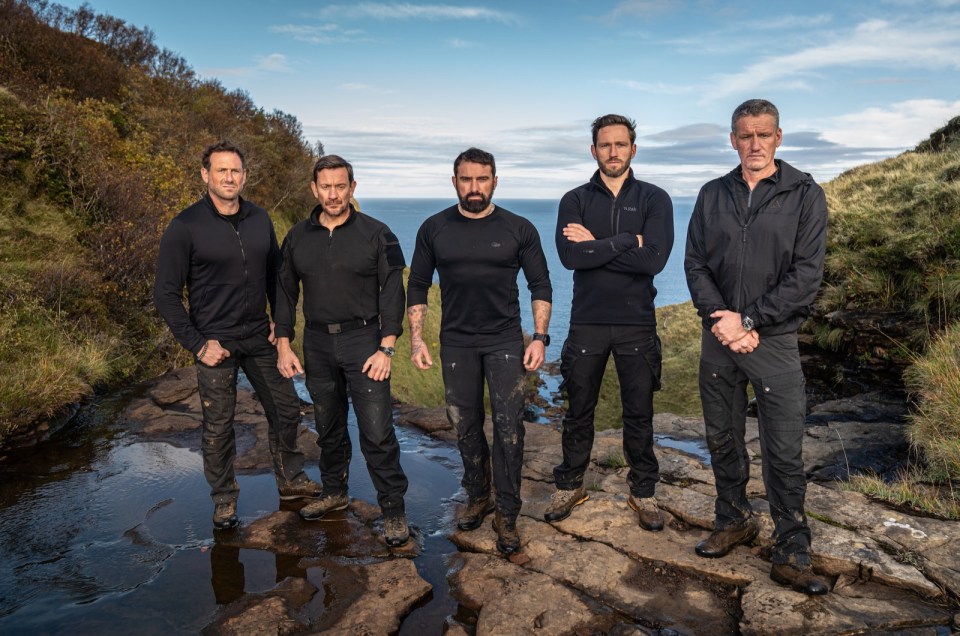 Ant Middleton (centre) and (left to right) Jason Fox, Ollie Ollerton, Jay Morton and Mark Billingham, put a group of celebs through their paces on gruelling courses