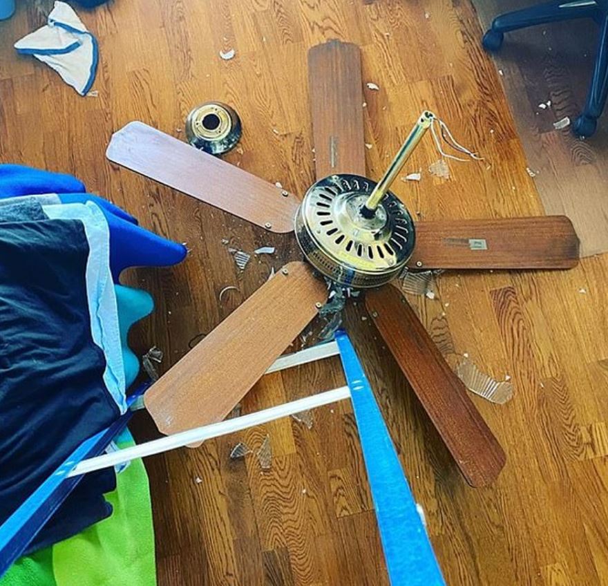  A homeowner shared a snap of his broken ceiling fan surrounded by shattered glass on the floor, he said that next time he'll "know his limitations"