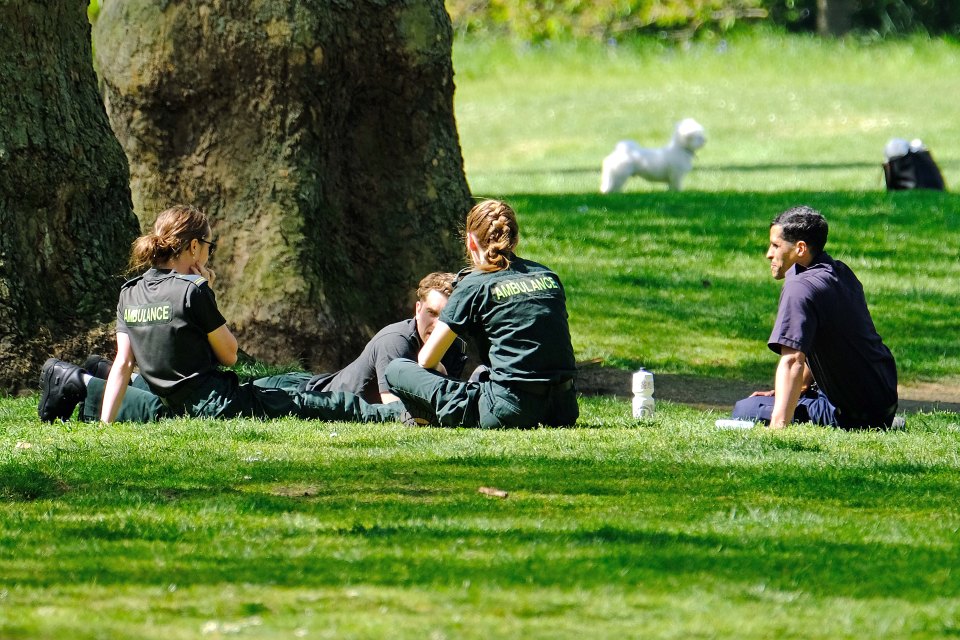  Ambulance staff were seen enjoying a well-earned break in Hyde Park today