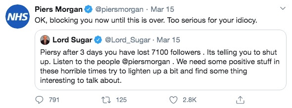  Lord Sugar's comments have proven a step too far for Piers now