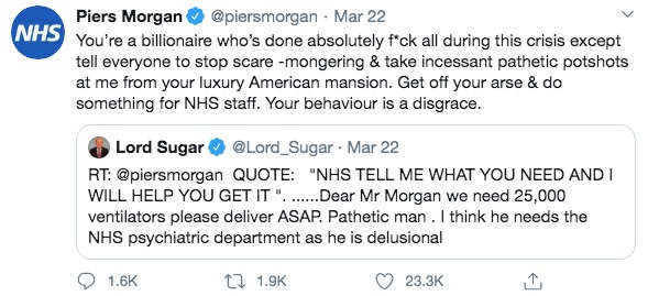  Piers Morgan has taken no prisoners in his furious tweets aimed at Lord Sugar