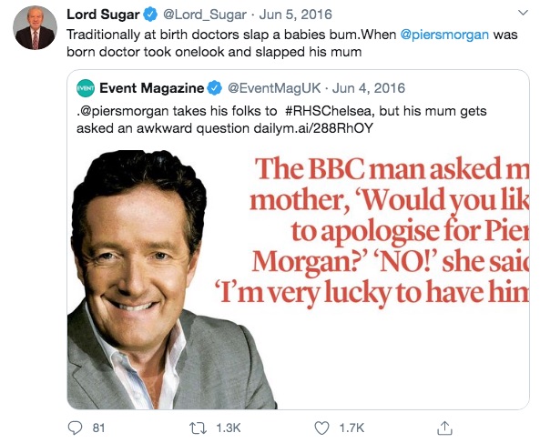  Lord Sugar made things personal by bringing Piers' mum into it