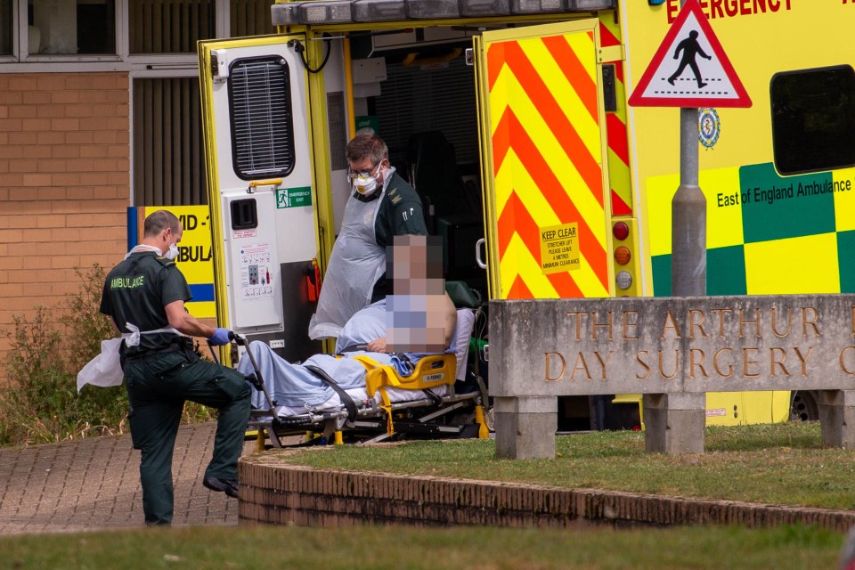  Ambulance crews take patients to the Covid-19 ward at the Queen Elizabeth Hospital in King’s Lynn in Norfolk today